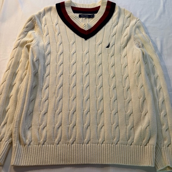 Nautica Cream and Red V-Neck Sweater with Ribbed Trim NWOT - Picture 3 of 4